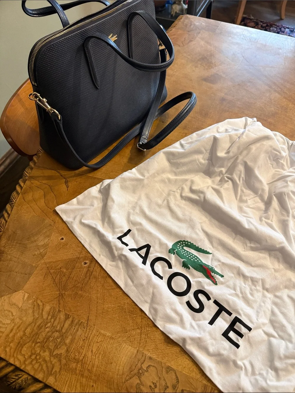 Lacoste Navy Textured Leather Messenger Bag with Gold Logo
